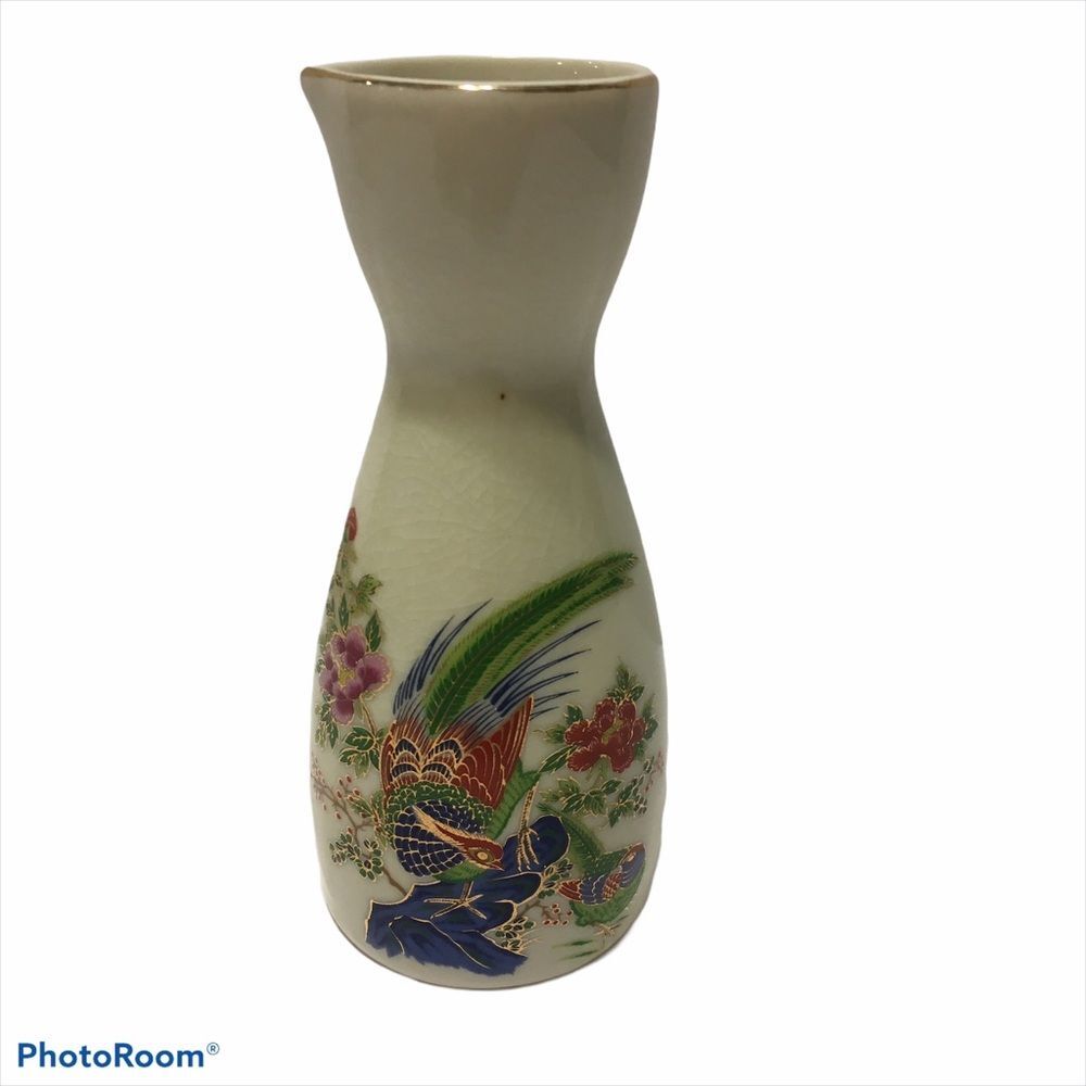 Vintage Sake Bottle Vase Bar Birds Flowers Japan